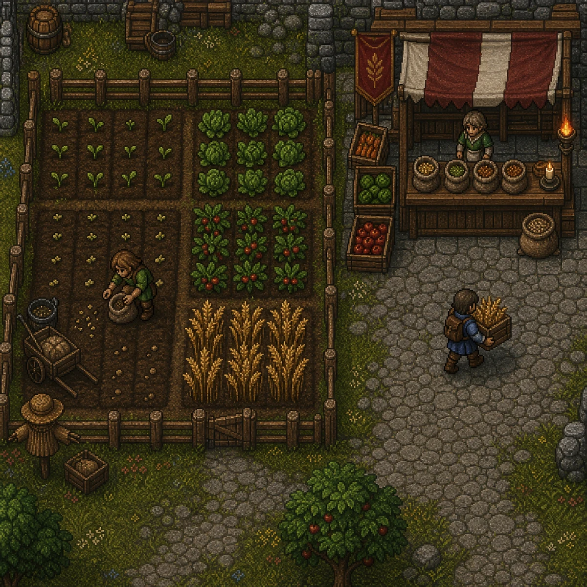 Eddeen farmer planting seeds beside mature crops and a medieval seed merchant