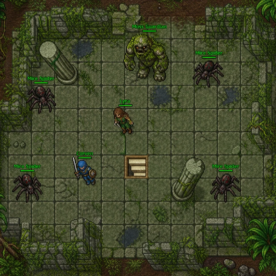 Eddeen adventurers exploring overgrown ruins filled with spiders and an ancient guardian