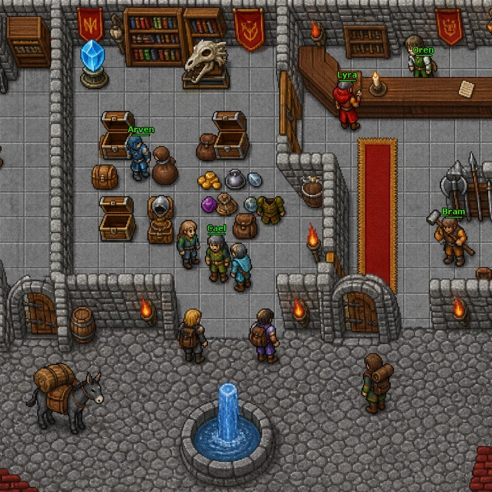 Players trading goods and organizing equipment inside a busy medieval market hall in Eddeen
