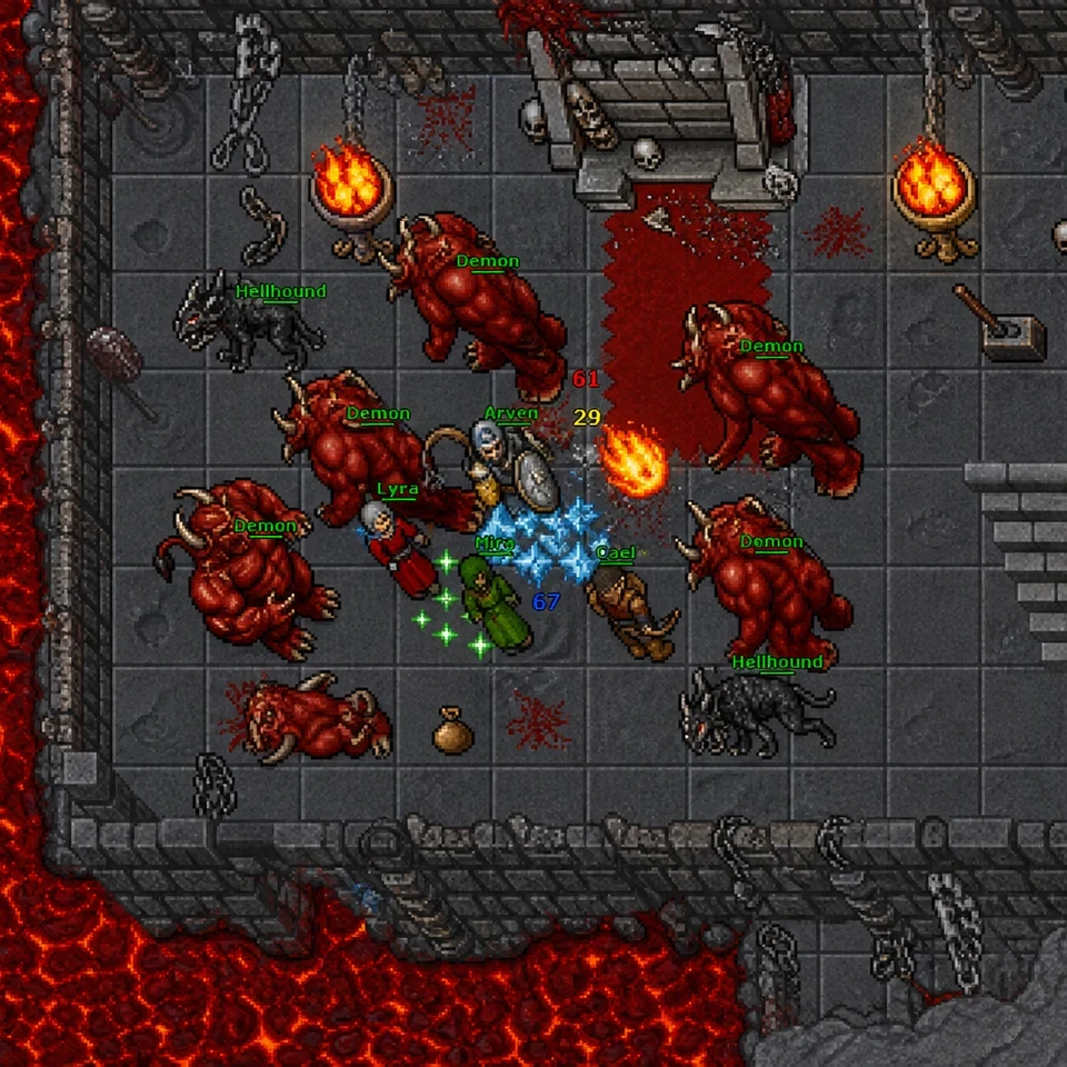 A group of Eddeen warriors fighting demonic creatures inside a fortress